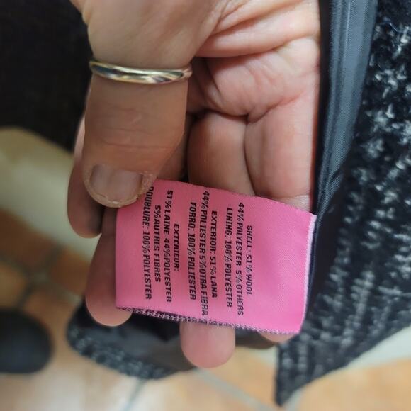 Betsey Johnson Size 12 wool Double breasted coat black Cream Tweed Jacket Pocket - Picture 8 of 11